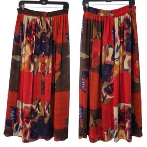 Dorothy Schoelen Red Brown Abstract Floral Button Front Pleated Maxi Skirt 10 M